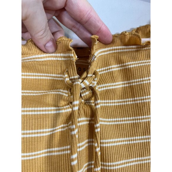 Aeropostale Y2K Rib Stripe Top L Yellow Ruffle Off Shoulder Preppy Chic Lace Up - Picture 5 of 10